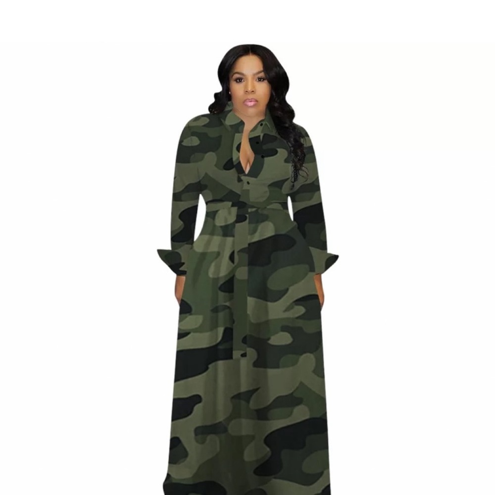 Casual Green A-line Dress with Plunge Neckline and Cuffed Sleeves